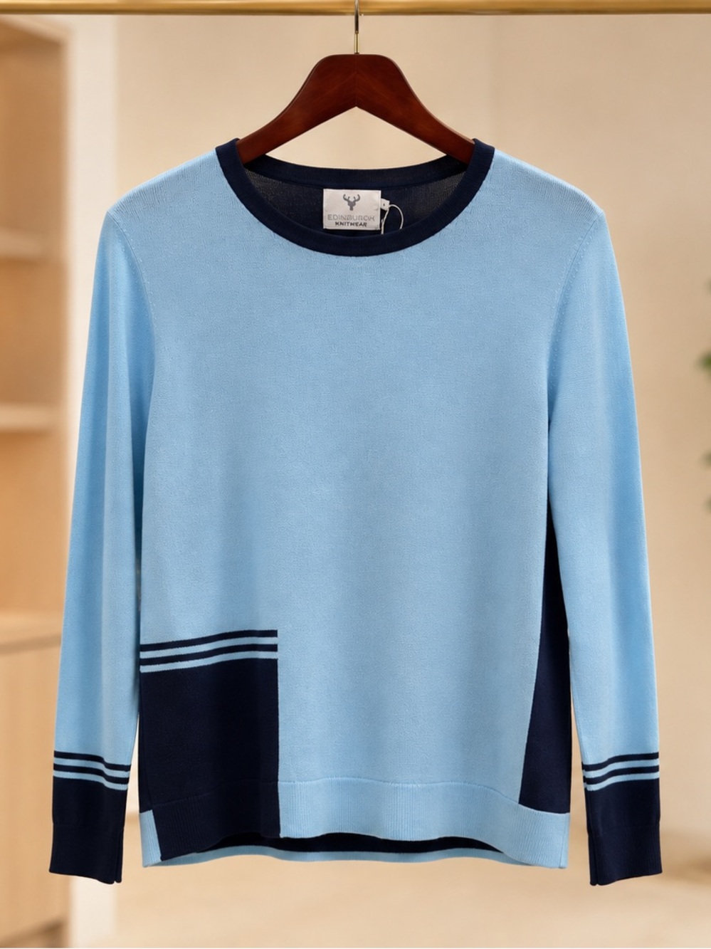 Edinburgh Knitwear 100% Pima Cotton Colorblock Sweater NWT Blue Navy L